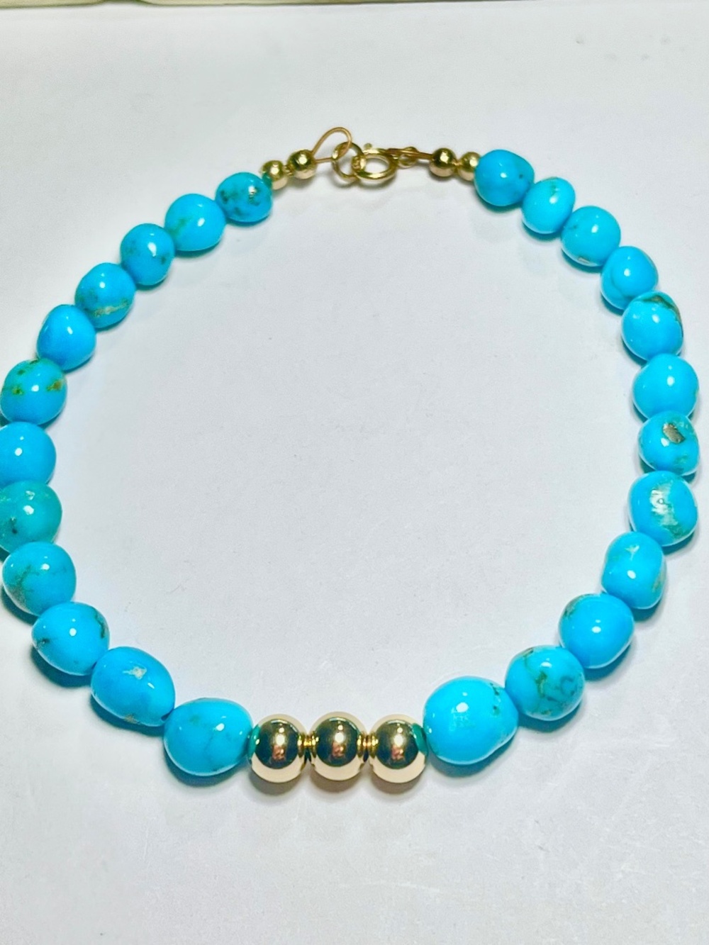 14k Gold Sleeping Beauty Turquoise 7.5 Inch Beaded Bracelet